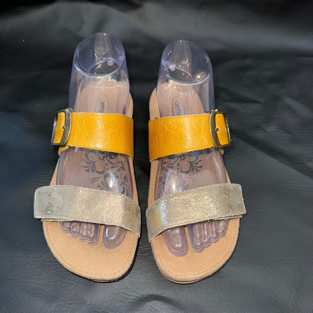 Aetrex Daisy Yellow Silver Leather Orthotic Slide Sandals Womens 6.5